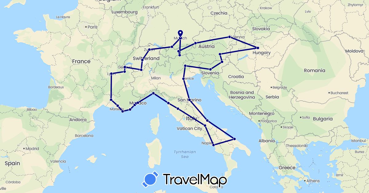 TravelMap itinerary: driving in Austria, Switzerland, Germany, France, Hungary, Italy, Monaco, Slovenia, San Marino (Europe)